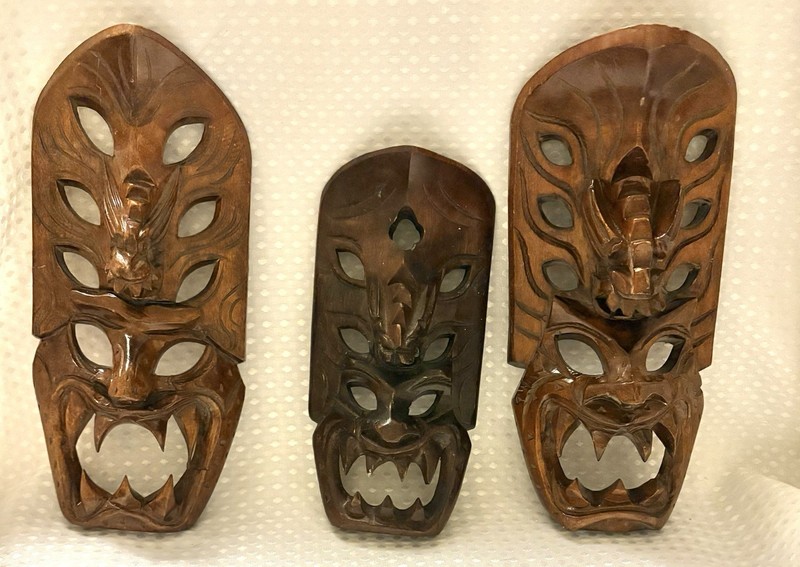 Lot Of 3~Carved Wood Masks Hawaii Tiki Tribal Devil Art~11” & 9”