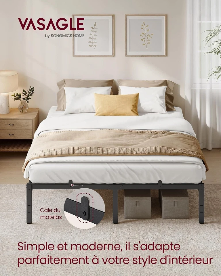 Cadre de lit métal 160x200 VASAGLE sommier rangement noir - Photo 3/4