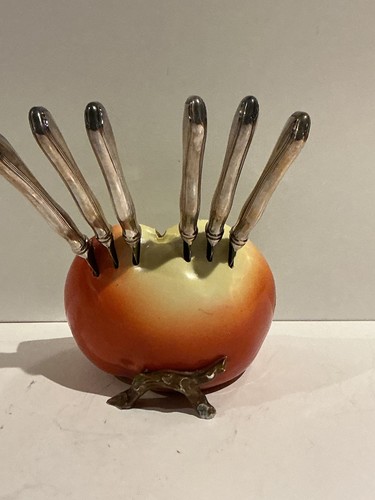 Vintage Ceramic Knife Holder Containing 6 Silver Plate Fruit Knives ca 1900 RARE - Picture 4 of 7