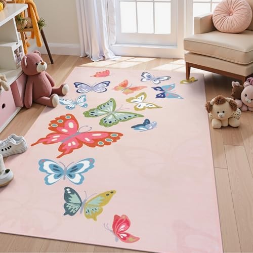 Small Kids Area Washble Rugs 3x5 for Playroom, Soft Colorful Butterfly Pink - Picture 1 of 7