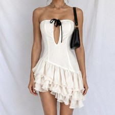Vintage Off White Strapless Ruffle Asymmetric Hem Fit Flared Mini Dress Size S/M