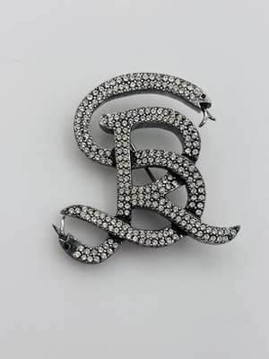 Sonia Rykiel Paris Rhodium Plated Crystal Rhinestone Snake Logo Crest Brooch Pin