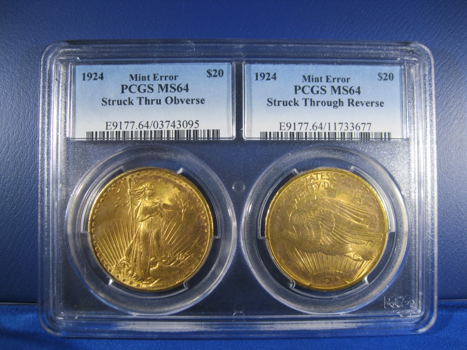1924 $20 ST GAUDENS 2 COIN ERROR SET IN ONE PCGS MS  64  DOUBLE HOLDER