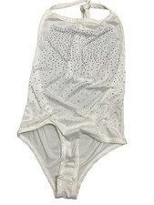 Cream Rhinestone Halter Neck Women's Bodysuit One Piece Size M Semi-Transparent