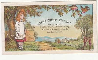 Ayer's Cherry Pectoral Girl in White Birds Lowell MA  Vict Card c1880s