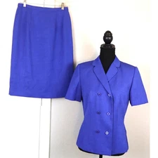 Vintage Y2K Travis Ayers Petite Blue Skirt Suit Set Double Breasted 6P Business