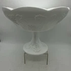 Vintage Large Milk Glass Pedestal Fruit Compote Bowl w/ Grapes & Leaves Pattern