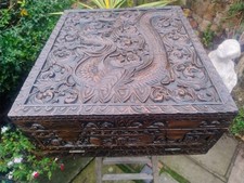 Lrg Antique heavily Carved Dragon Despatch Box Drop Front, 2 Trays, Solid Teak.