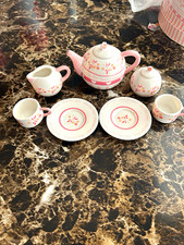 Tea for Two Pink  White Floral Play Tea Set w/ Round Box Teapot Cups Creamer