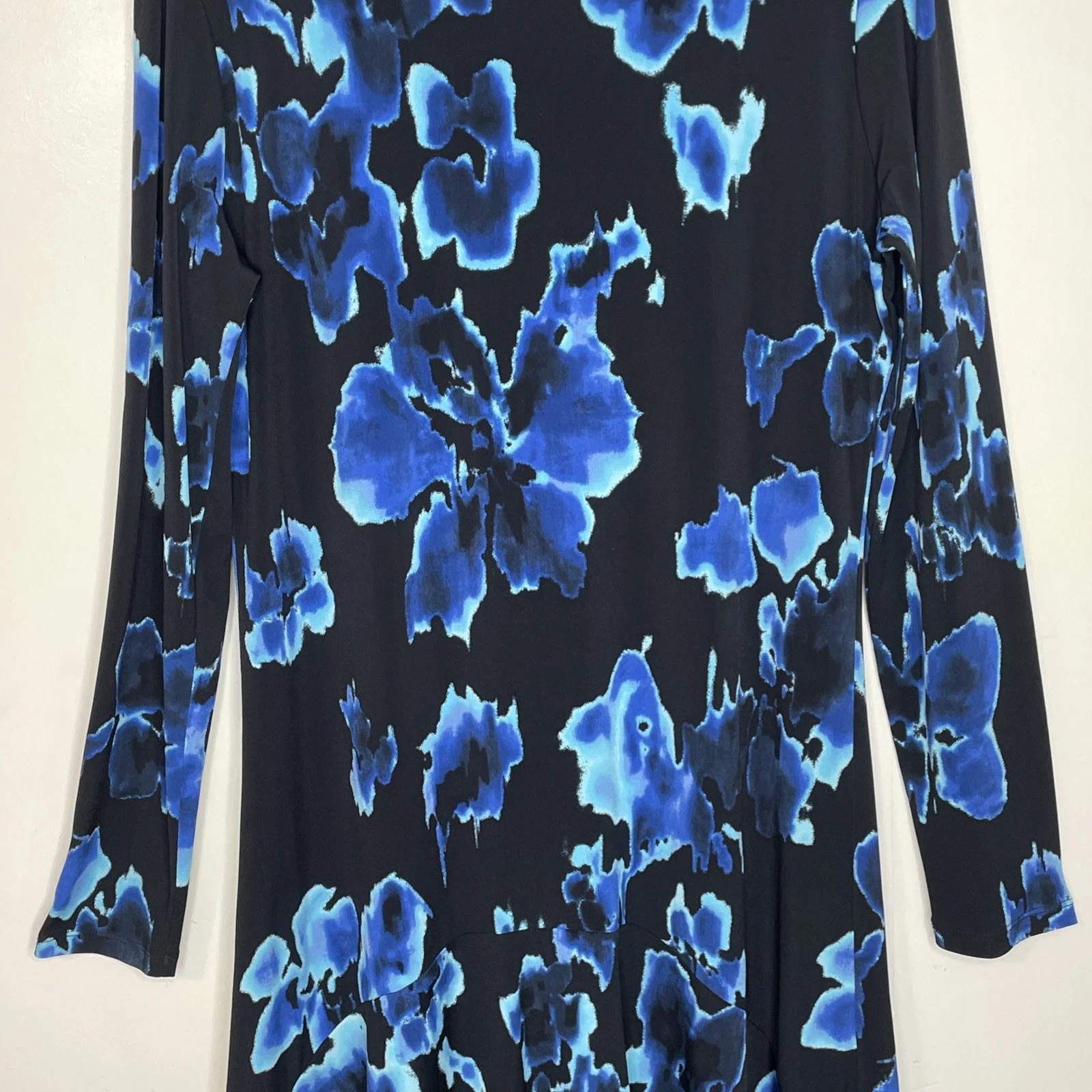 Abito MICHAEL KORS taglia GRANDE maniche lunghe orlo a fazzoletto NERO BLU floreale