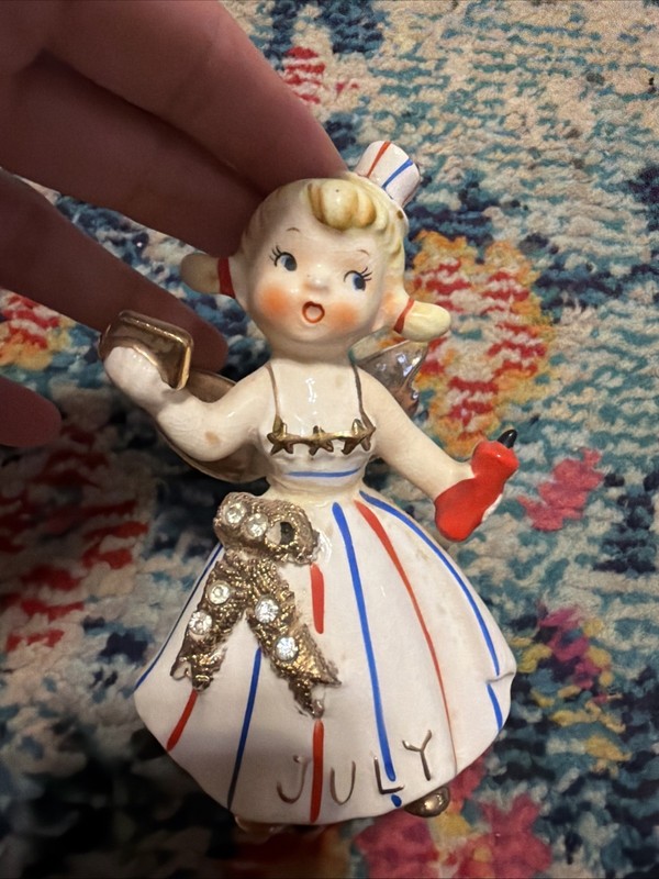 Lefton Angel Bell Figurine Vintage Geo, July Birthday Month, Spaghetti Trim