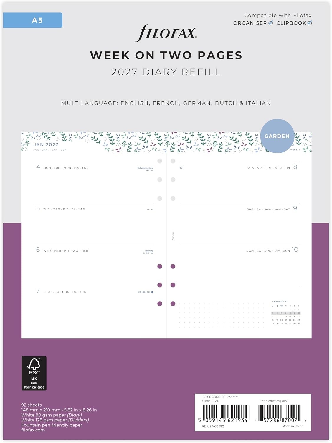 Filofax A5 Garden Week to view 2027 diary 27-68592 - Image 2