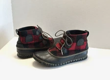 Sorel Out N About Red Black Buffalo Plaid Lace Up Ankle Rain Boots Womens Size 8