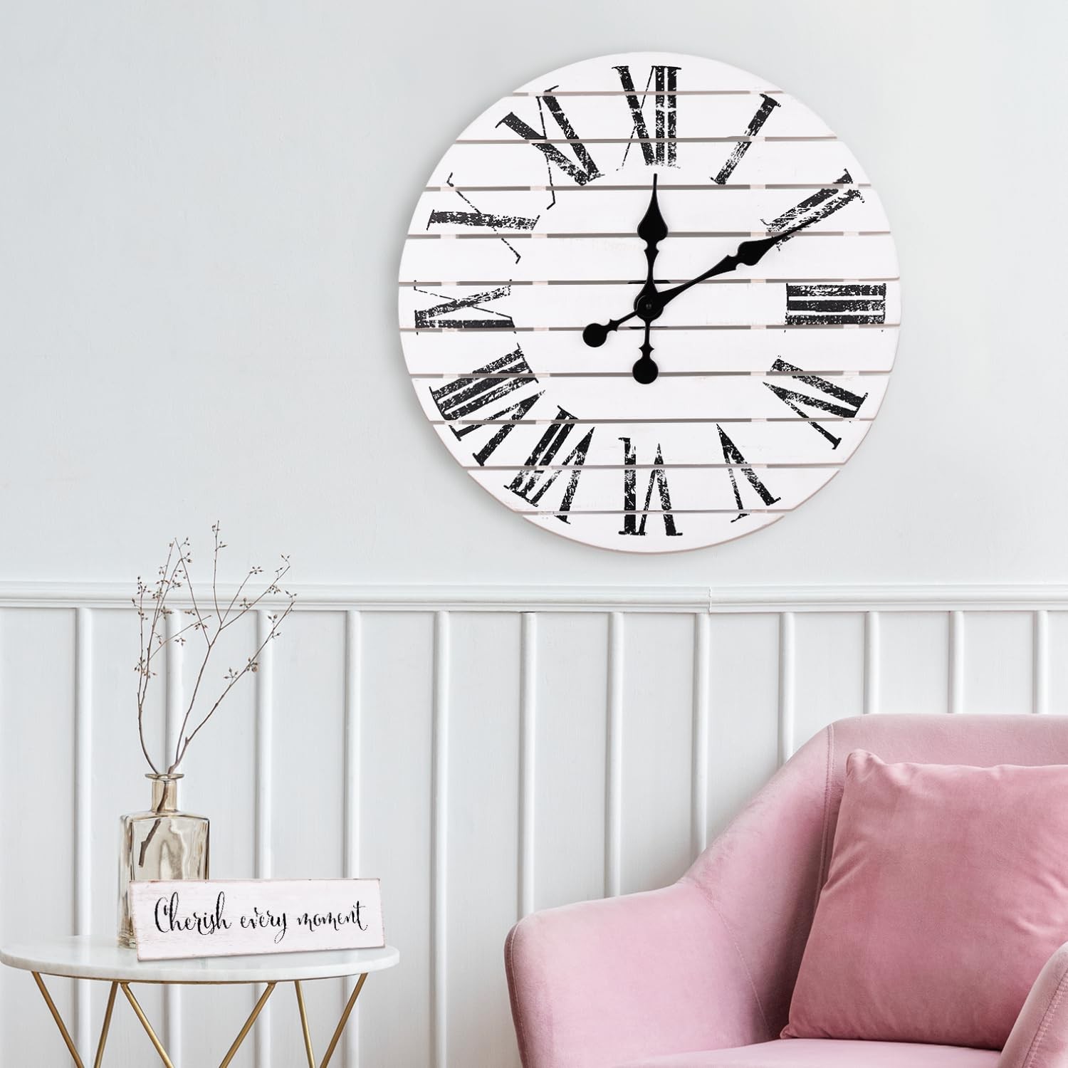 ALBEN Large Farmhouse Wall Clock-24 inch Round Shiplap Style