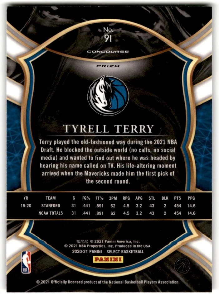 2020-21 Panini Select Prizm Green White Purple Tyrell Terry Rookie #91 Dallas - Image 2 of 2