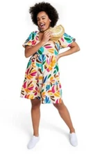 Tabitha Brown Target SIZE XXS Multicolor Botanical Print Puff Sleeve Mini Dress