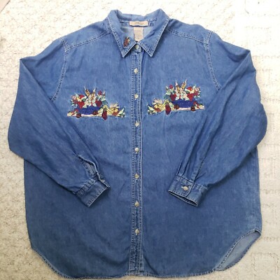 Just My Size Fall Embroidered Shirt Womens Size 18W 20W Blue Cotton Denim Top