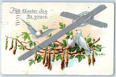 1910 Easter Holy Cross Birds Cattails Embossed Minneapolis MN Tuck Postcard
