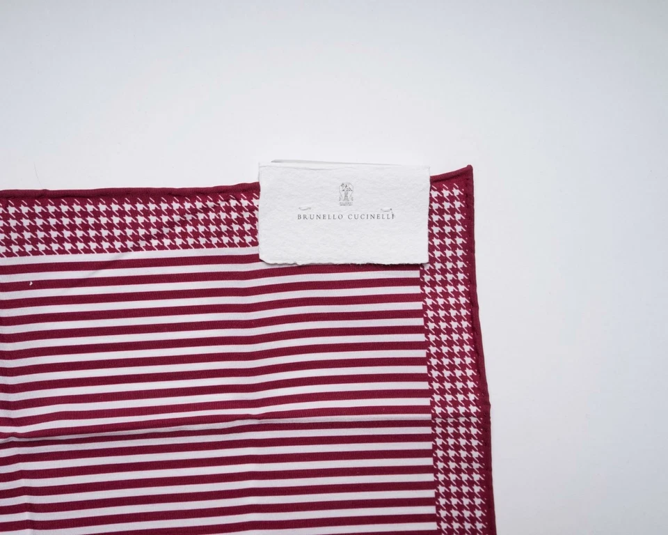 Brunello Cucinelli $195 Nuevo con Etiquetas Algodón Bolsillo Cuadrado Rojo Blanco Rayas Pata de Gallo Foto 3 de 4