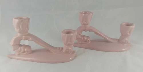 Haeger Vintage Art Deco Pottery Muted Pink 7" x 4" Candle Holders, Mid Century