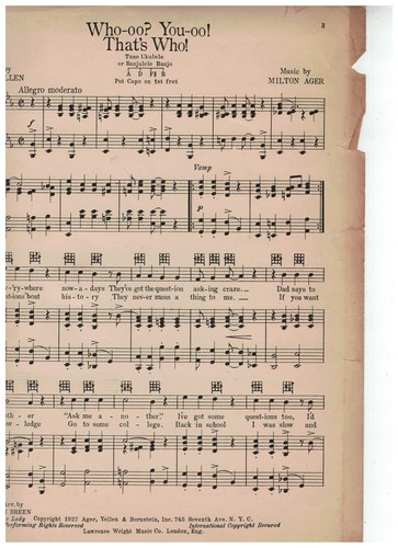Who-oo? You-oo! That's Who! Yellen Ager Lydia Harris Sheet Music 1927 - Picture 3 of 4