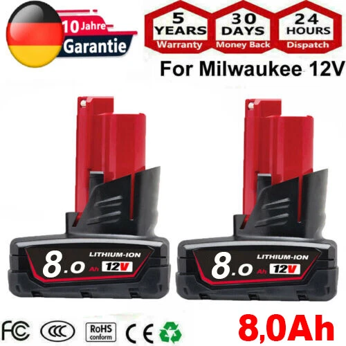MARKENLOS 2 NEU Für Original Milwaukee M12 B6 12V XC 8.0 Akku 48-11-2460 M12 M12B3 Lithium