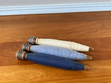 Vintage Set of 3 Wood Thread Spools Industrial Textile Bobbin Spindles w/Yarn