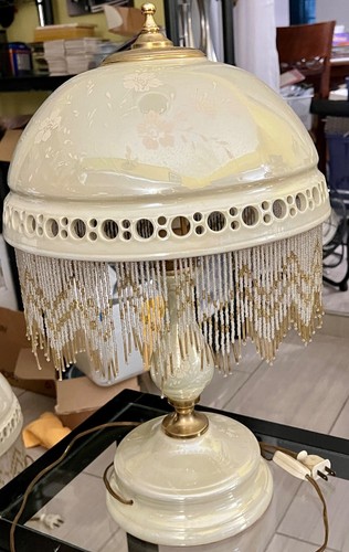 Pair of Vintage Glazed Bone China Lamps Original Finials 22"H Half-Sphere Shades - Picture 10 of 13