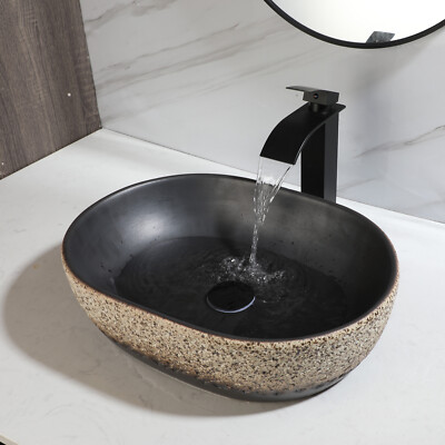 Oval Black Bathroom Vessel Sink 19x14 Inch Ceramic Basin Bowl Combo Faucet Drain