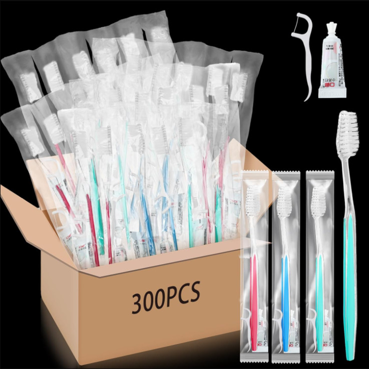 Bulk 300 Disposable Toothbrush Kits with Toothpaste & Floss, Individually Wrappe