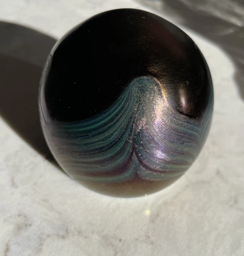 Signed Glass Paperweight Copper Iridescent Metallic With Pulled Feather Peacock