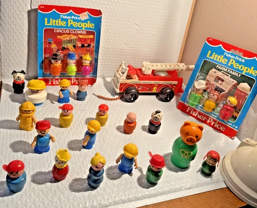 Vintage Fisher Price Little People Figures Lot of 24 Wood Plastic Toys & Vehicle