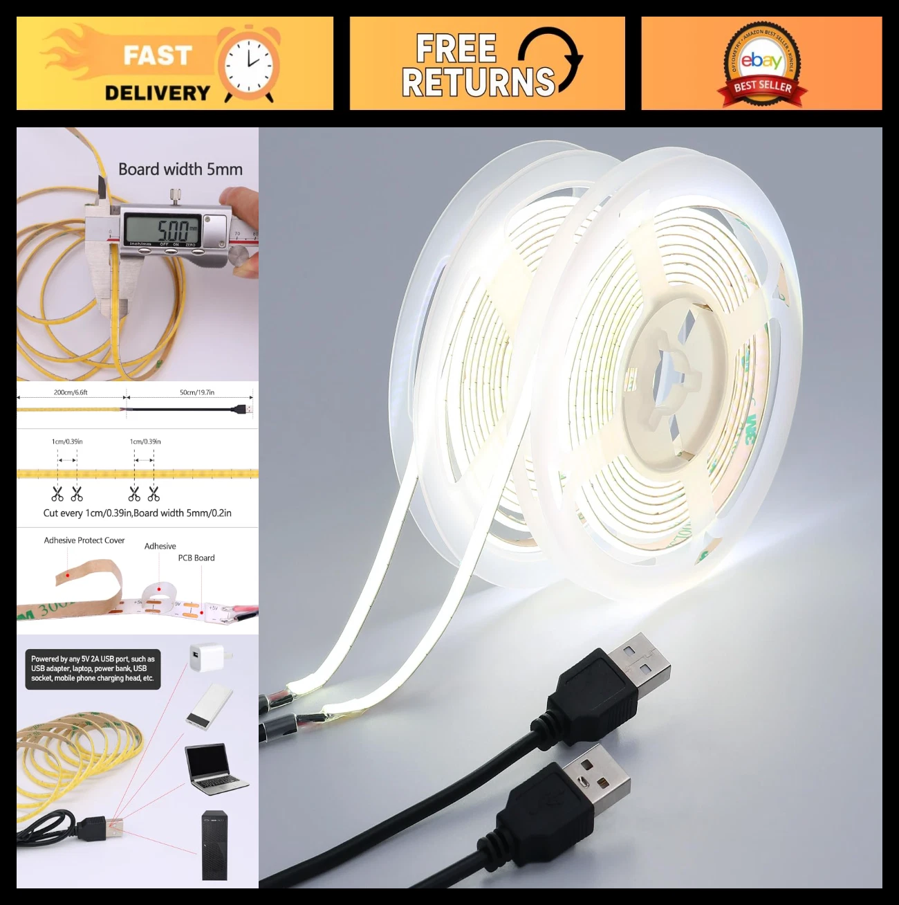 USB LED Strip Light 5V Cool White 6000K 13.12ft Flexible Tape Lights - 2pcs