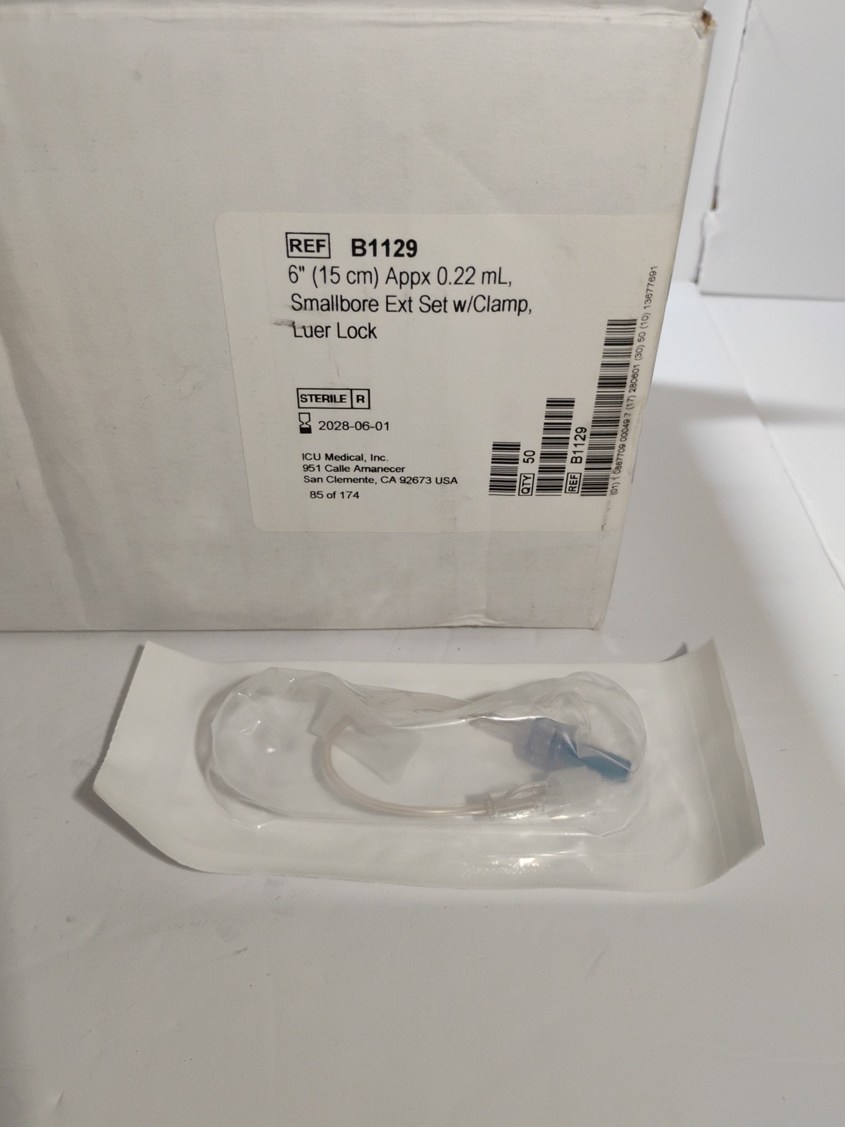ICUMedical 50 Ct 6” 15cm appx 0.22 ML Smallbore Ext Set w Clamp Luer Lock B1129
