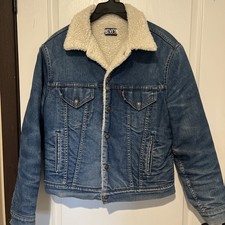 Vtg Levi's Sherpa Denim Jacket Trucker Sz L Blue Jean USA Made Orange Tab