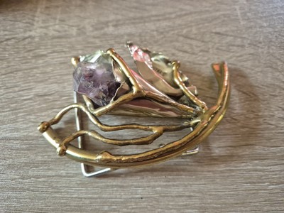 Vintage 1970s JUTRA S Brazil Brutalist Floral Amethyst Bronze Belt Buckle