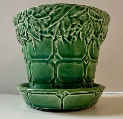 Vintage Green McCoy USA Flower Pot Attached Saucer Quilted Diamond & Leaf