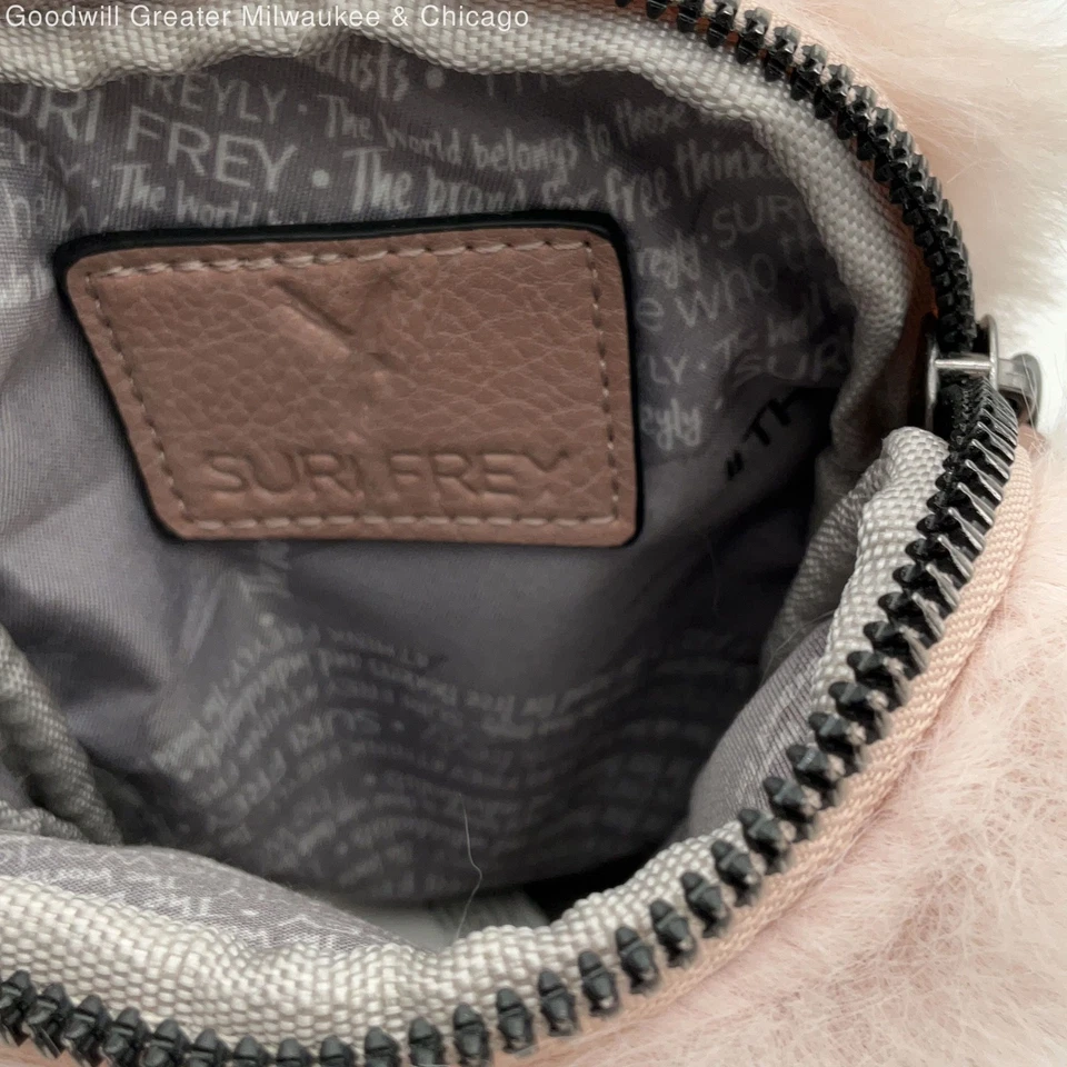 全新带标签女式粉色人造毛皮流苏可调肩带拉链斜挎包 — 第 3/3 张图片