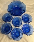 7 Piece Set of Vintage Hazel Atlas Diamond and Arches Cobalt Ruffled Bowls
