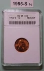1955-S Lincoln Wheat Penny ANACS MS 65 RED SMALL ONE Cent  US copper COIN,