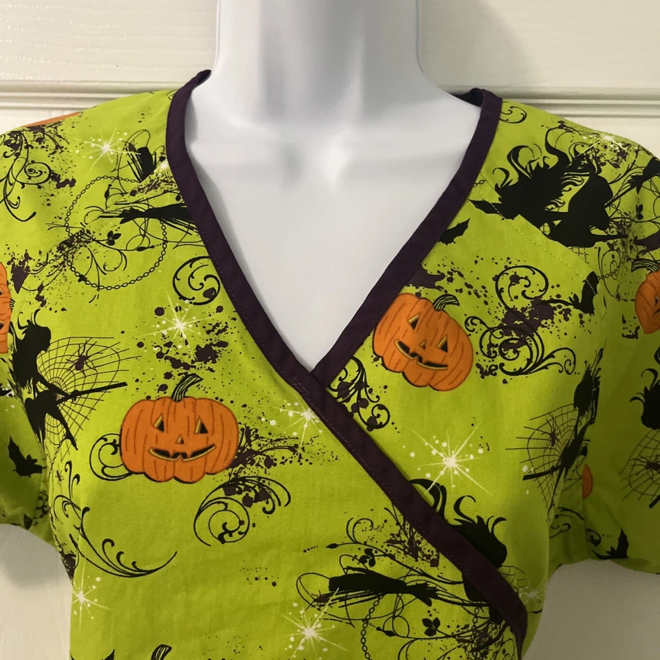 Women’s Halloween Scrub Top XS Green With Orange Pumpkins, Black Witches - Image 2 of 4