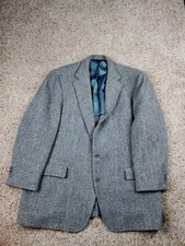 Vintage Harris Tweed Blazer Jacket Size 46 Blue Wool Tweed Scotland John Weitz