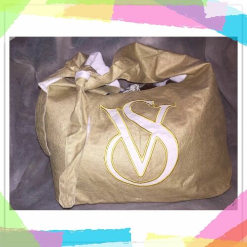 Victoria Secret GOLD HOBO CANVAS EMBROIDERY LOGO ROPE TRAVEL BEACH WEEKENDER BAG
