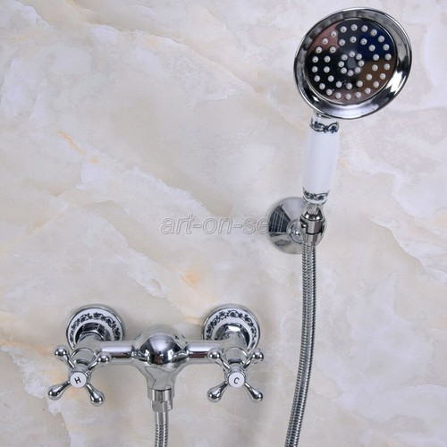 Grifo mezclador 2 asas rociador latón cromado ducha manual pared baño - Imagen 4 de 7