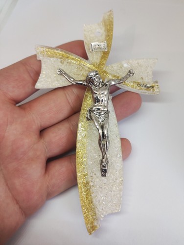 Wand Modernes Glas Murano Kruzifix Kreuz Gelb Weiß aus Medjugorje 6,3 Zoll - Bild 10 von 14