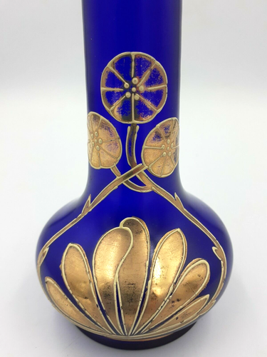 Cobalt Blue Art Nouveau Glass Vase Enamel & Gilt Flower Decoration, Bohemian 8" - Picture 3 of 12