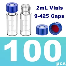 100X 2ml Vials Screw PTFE/Silicone Caps 9-425 HPLC GC for Agilent Waters Varian