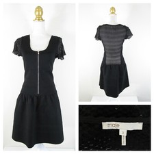 Maje Womens Black Netted Mesh Back Zip Front Fit Flare Dress Size 3 XS S