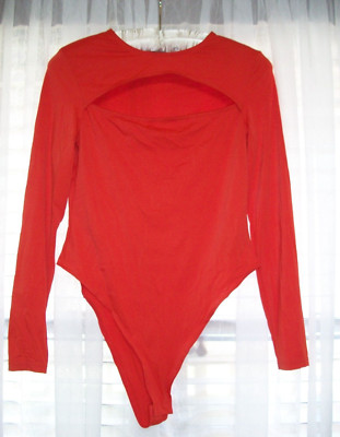 DIVIDED (H&M) DARK ORANGE STRETCH SZ LRG BODYSUIT TOP~PEEPHOLE BUST~SNAP CROTCH