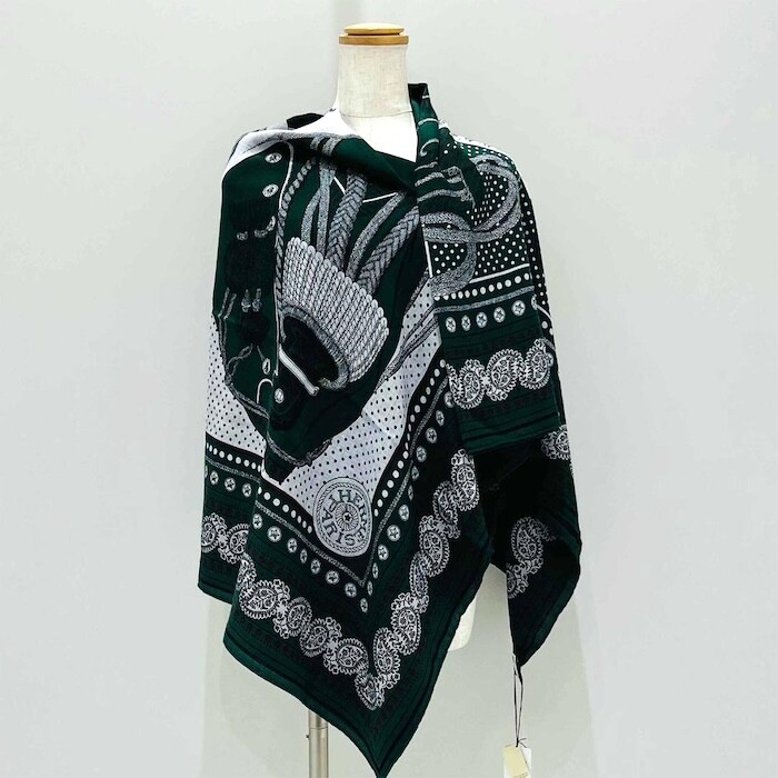 Hermes Shawl Scarf Zouaves et Dragons Bandana Green Cashmere